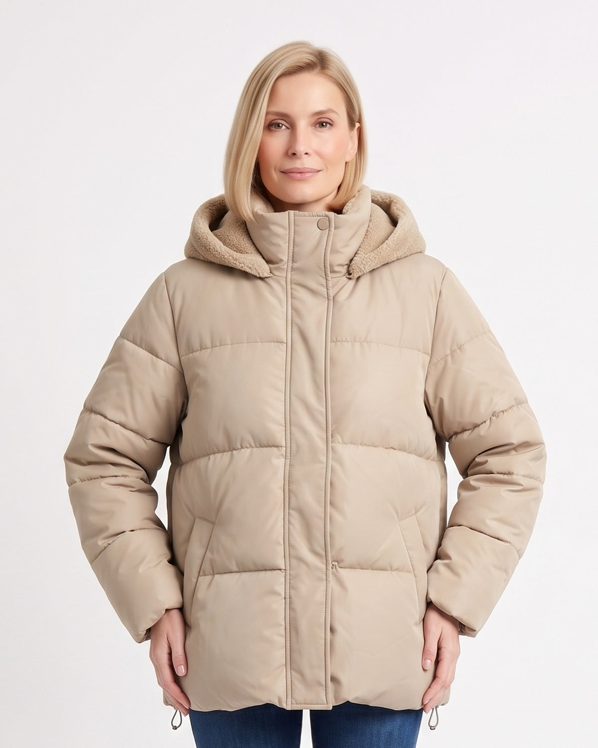Khaki hooded puffer jacket with zip front, faux-fur trimmed hood, and adjustable hem