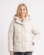 Off-white hooded puffer jacket with zip front, padded sleeves, and adjustable hood