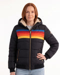 Women’s black hooded puffer jacket with sherpa-lined hood, rainbow stripe, front pockets