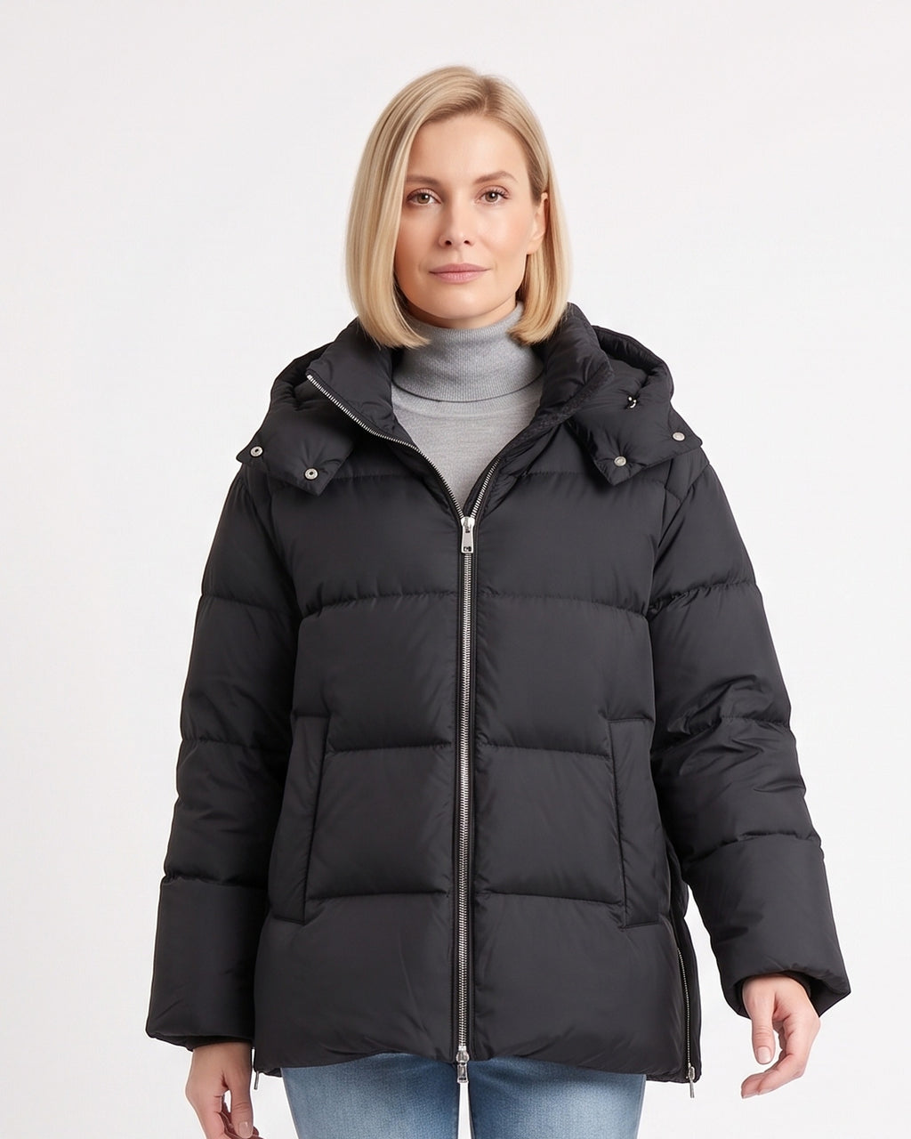 Women's hooded puffer jacket, black, full-zip front with buttoned shoulder tabs