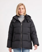 Women's hooded puffer jacket, black, full-zip front with buttoned shoulder tabs
