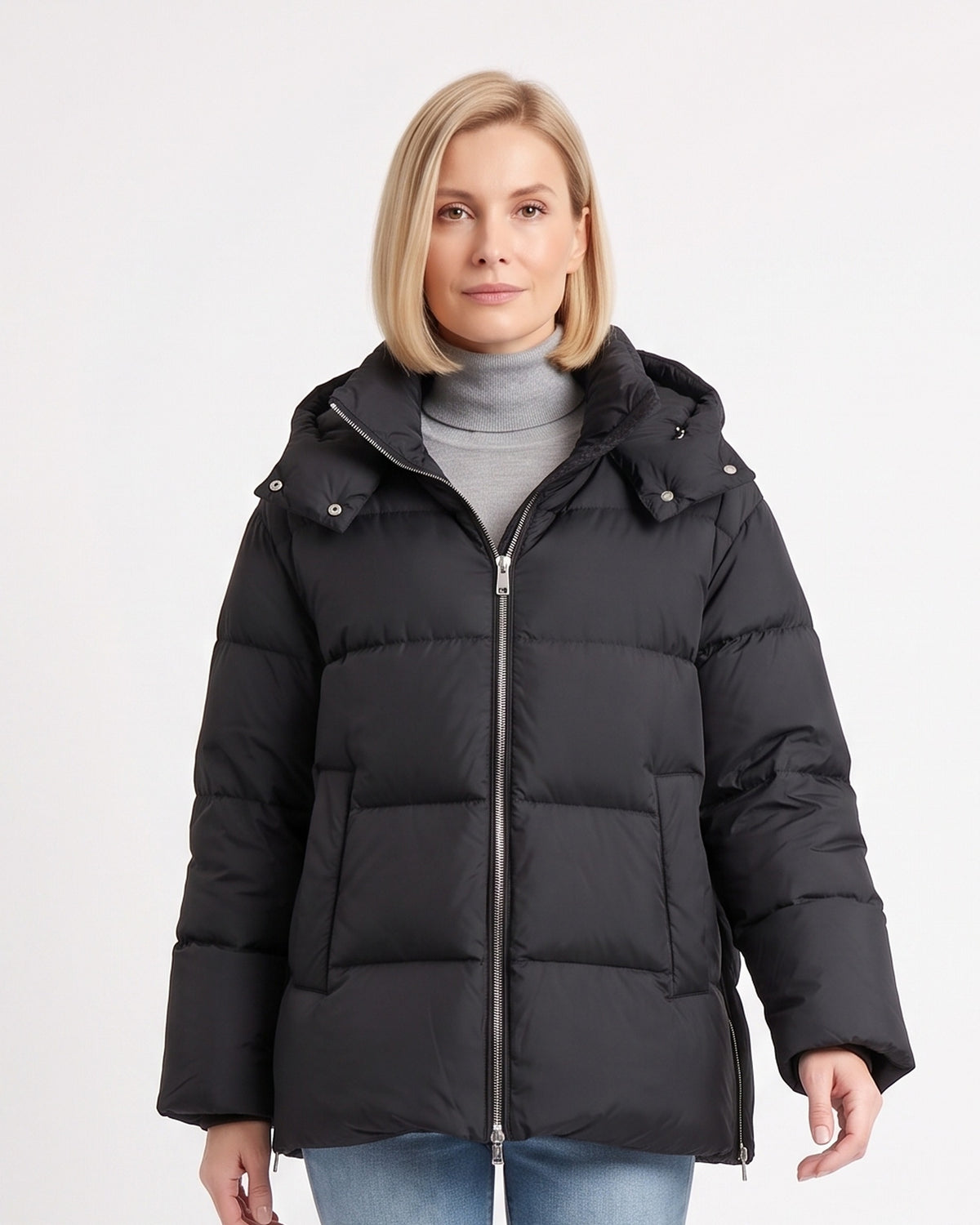 Women's hooded puffer jacket, black, full-zip front with buttoned shoulder tabs