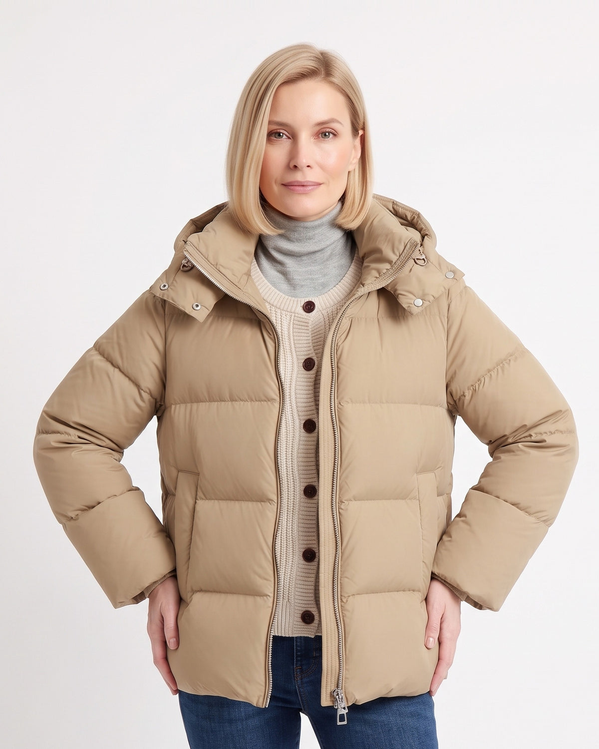 Women's hooded puffer jacket, tan, front zip with stand collar and snap details