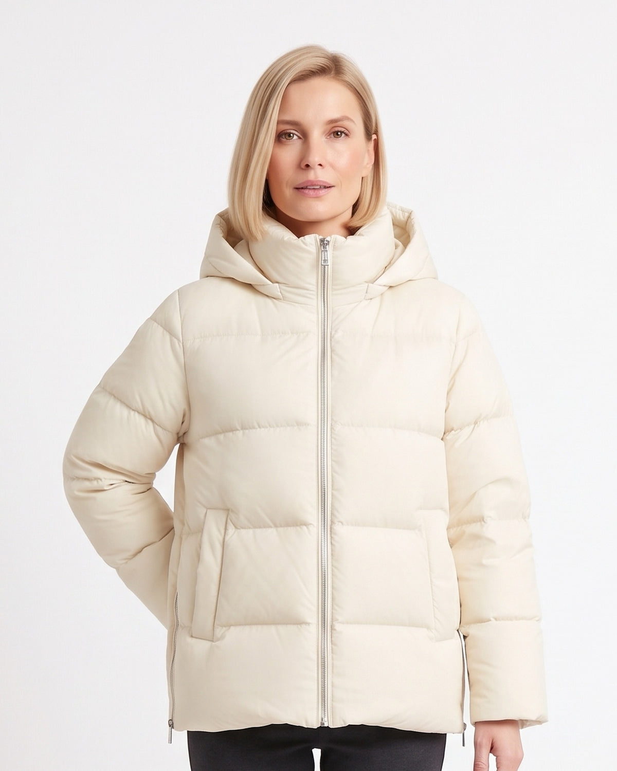 Women's hooded puffer jacket, cream off-white, full-zip front with drawstring hood