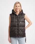 Women's black diamond-quilt hooded puffer vest, sleeveless, front zip, drawstring hood
