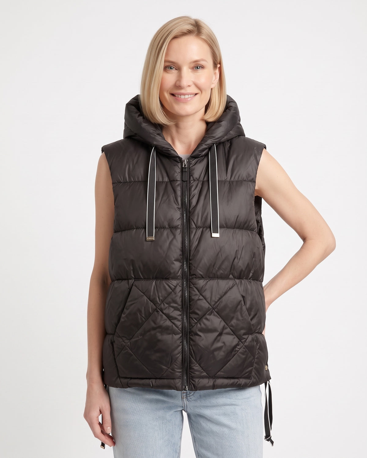 Women's black diamond-quilt hooded puffer vest, sleeveless, front zip, drawstring hood