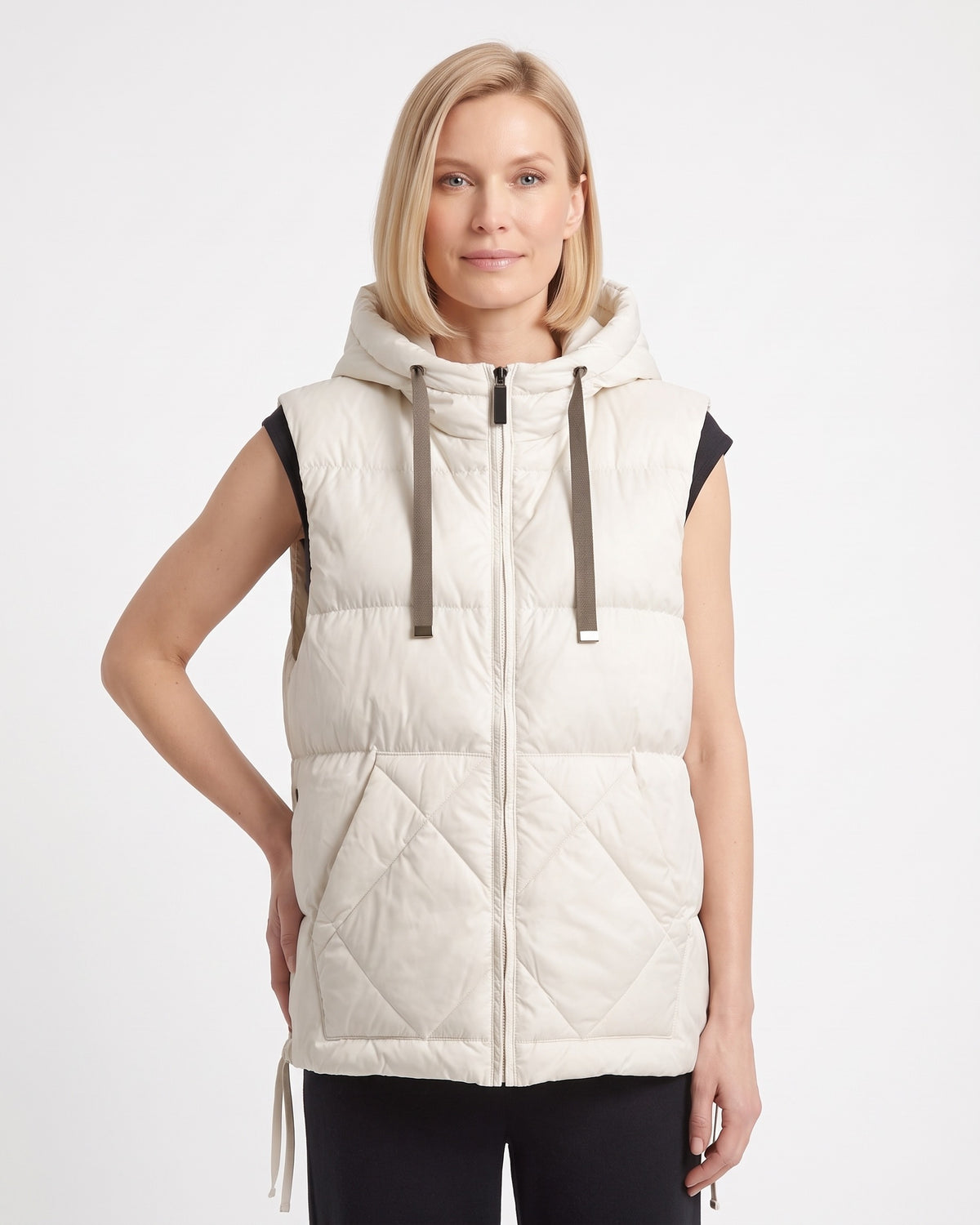 Off-white women's hooded puffer vest with diamond quilting and sleeveless zip front