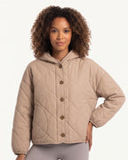 Women’s quilted hooded cropped jacket, beige button front with diamond quilting