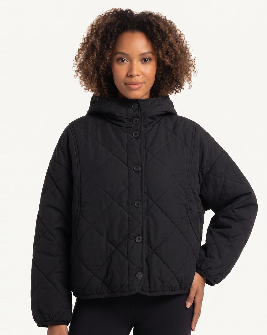 Women’s quilted hooded cropped jacket, black button front with diamond quilting