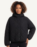 Women’s quilted hooded cropped jacket, black button front with diamond quilting