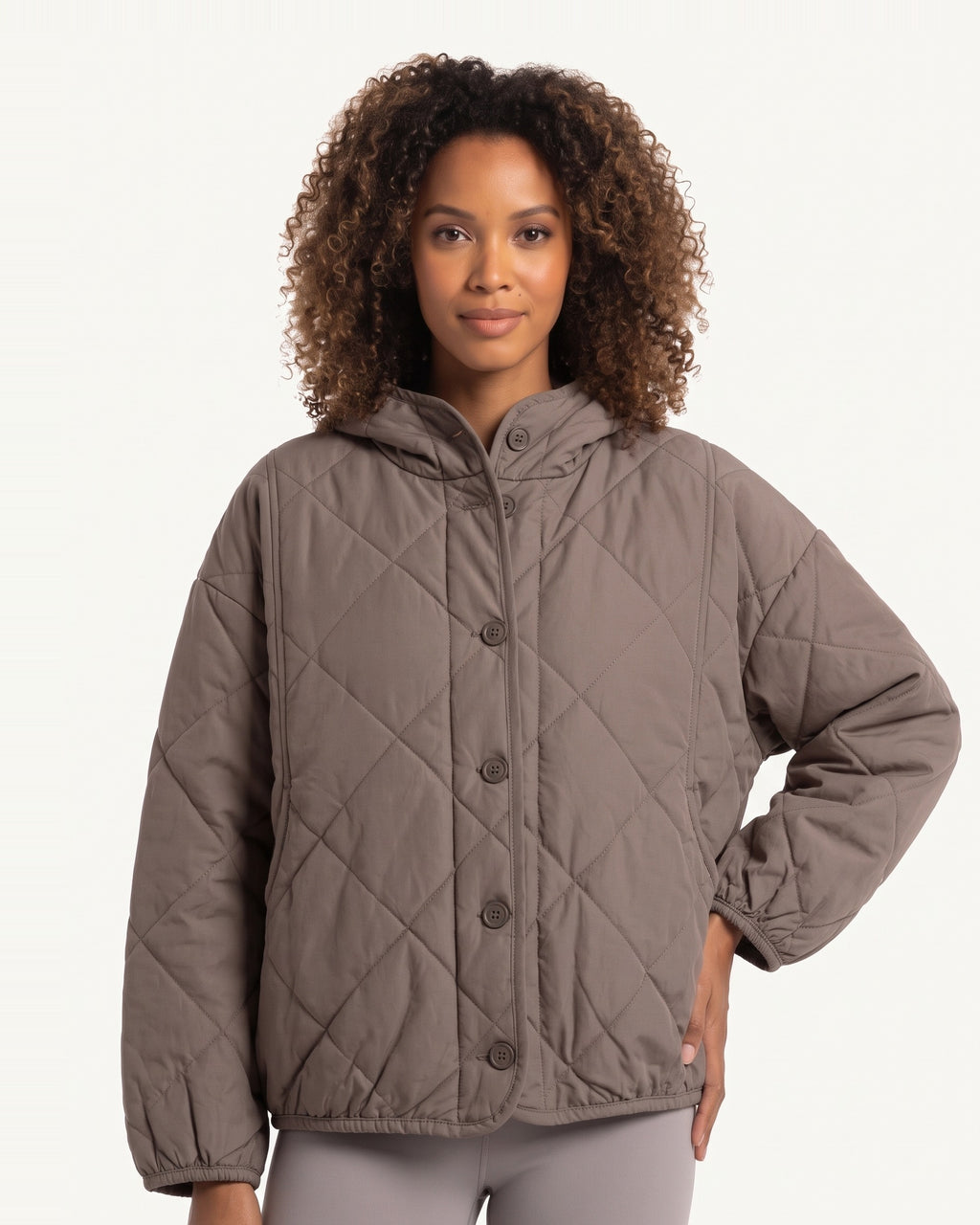 Women’s quilted hooded cropped jacket, taupe button front with diamond quilting