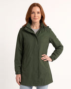 Women's long hooded rain jacket in army green with detachable hood and front zip