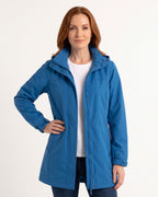 Women's long hooded rain jacket in blue with detachable hood and front zip