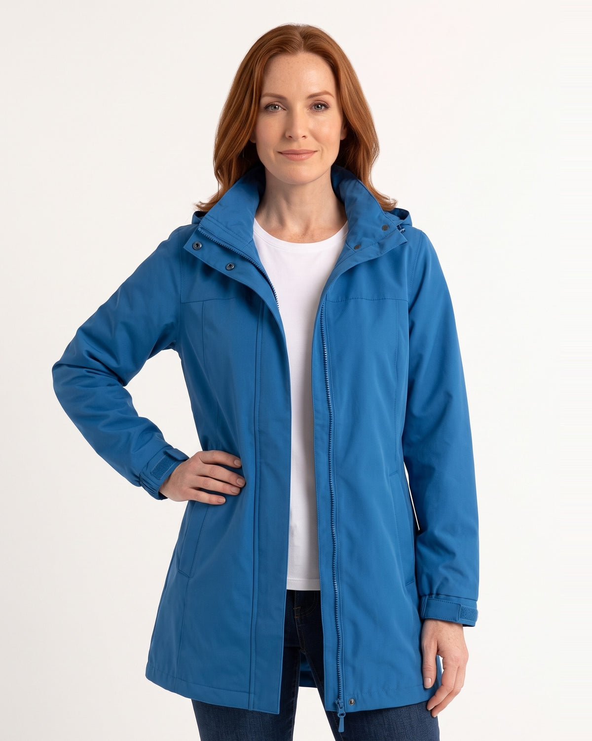 Women's long hooded rain jacket in blue with detachable hood and front zip