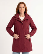 Women's long hooded rain jacket in burgundy with detachable hood and front zip