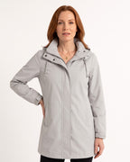 Women's long hooded rain jacket in light gray with detachable hood and front zip