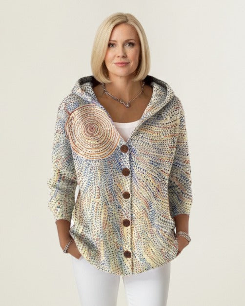 Women’s hooded button-front shacket in cream multicolor swirl speckle print