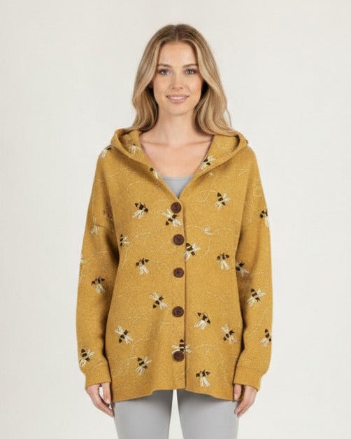 Women’s hooded button-front shacket in mustard yellow with small insect graphic print