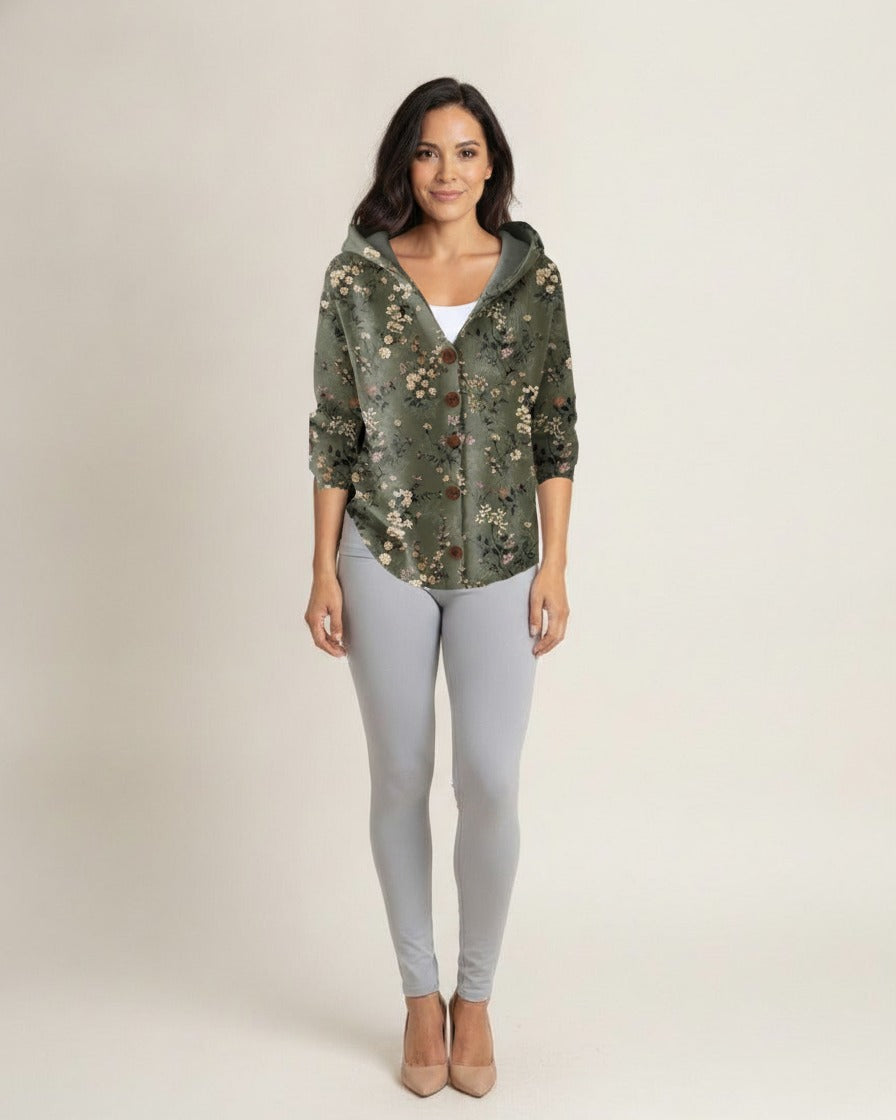 Women’s hooded button-front shacket in olive floral printed fabric