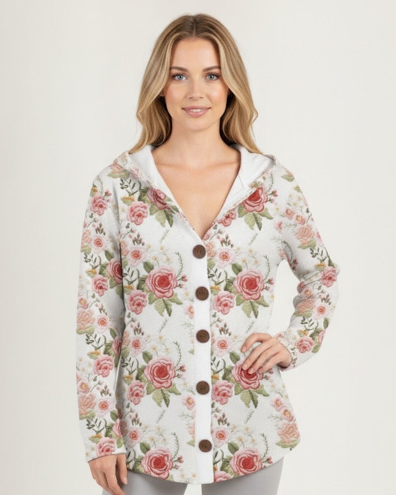 Women’s hooded button-front shacket in white with pink rose floral print