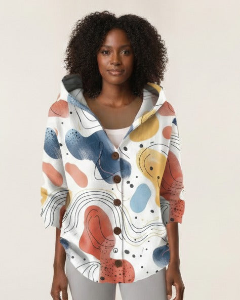 Women’s hooded button-front shacket with abstract dot and line print in white and blue