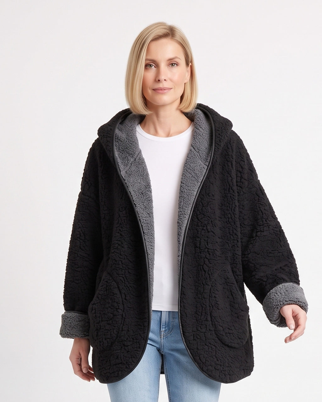Women’s reversible sherpa hooded teddy jacket, open front, pockets; dark with gray lining