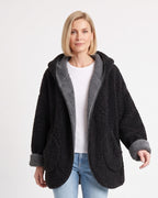 Women’s reversible sherpa hooded teddy jacket, open front, pockets; dark with gray lining