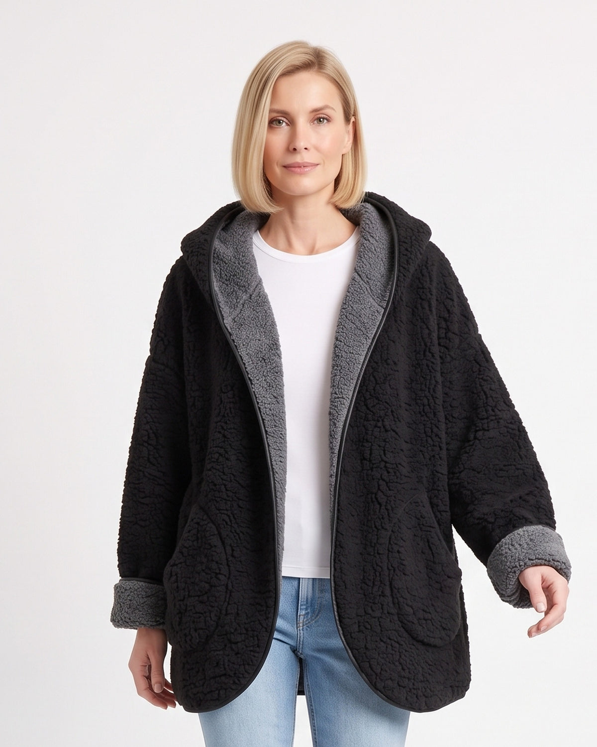 Women’s reversible sherpa hooded teddy jacket, open front, pockets; dark with gray lining