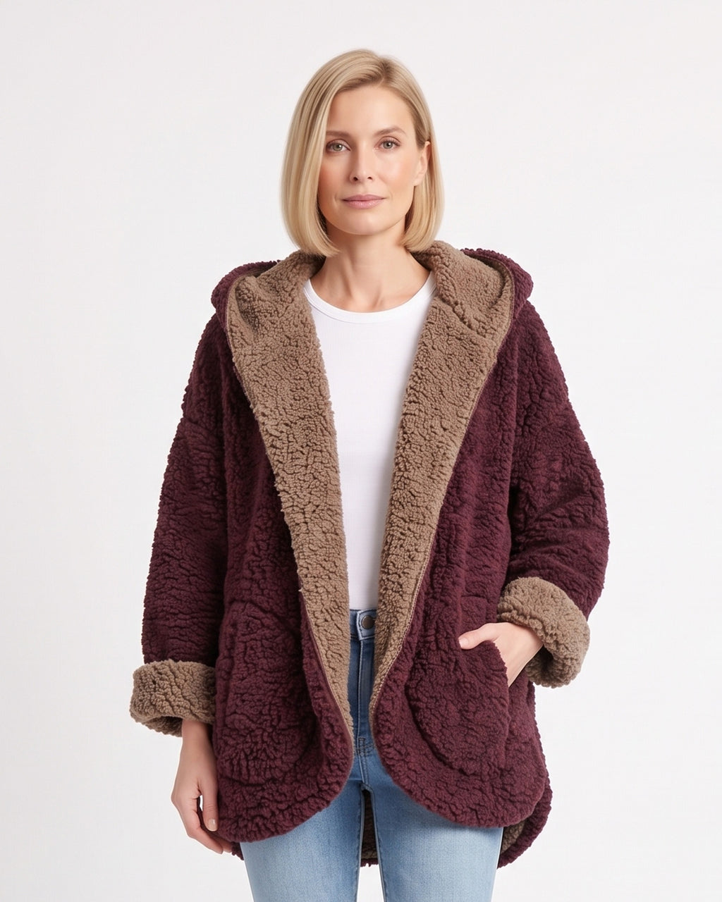 Women’s reversible sherpa hooded teddy jacket, open front, pockets; burgundy with tan lining