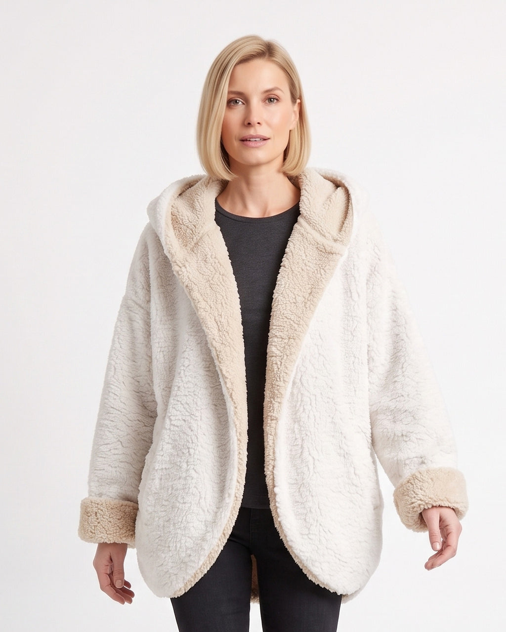 Women’s reversible sherpa hooded teddy jacket, open front, pockets; cream with light lining