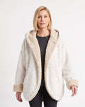 Women’s reversible sherpa hooded teddy jacket, open front, pockets; cream with light lining