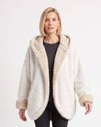 Women’s reversible sherpa hooded teddy jacket, open front, pockets; cream with light lining