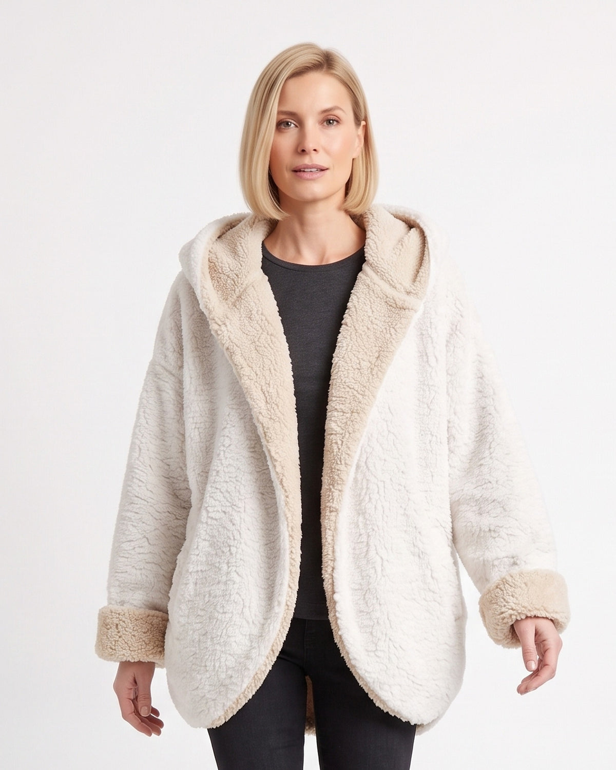 Women’s reversible sherpa hooded teddy jacket, open front, pockets; cream with light lining