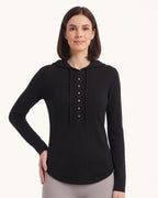 Women's black hooded henley sweater with button placket and drawstring hood