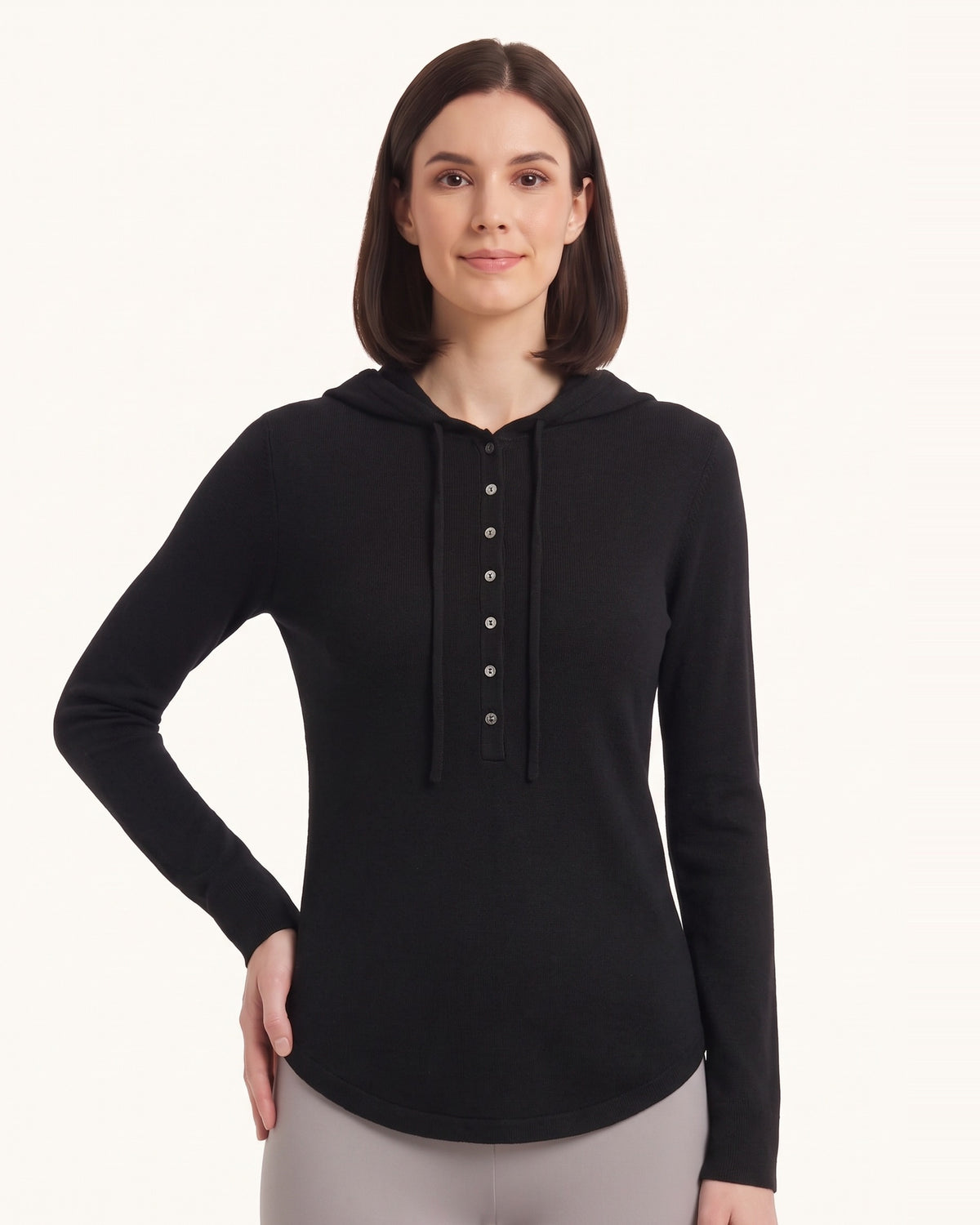 Women's black hooded henley sweater with button placket and drawstring hood