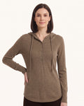 Women’s hooded henley sweater in brown fine knit, button placket and drawstring hood