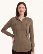 Women’s hooded henley sweater in brown fine knit, button placket and drawstring hood