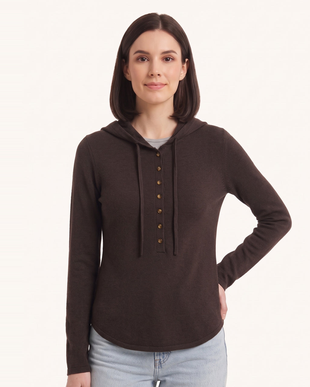Women's dark brown hooded henley sweater with button placket and drawstring hood