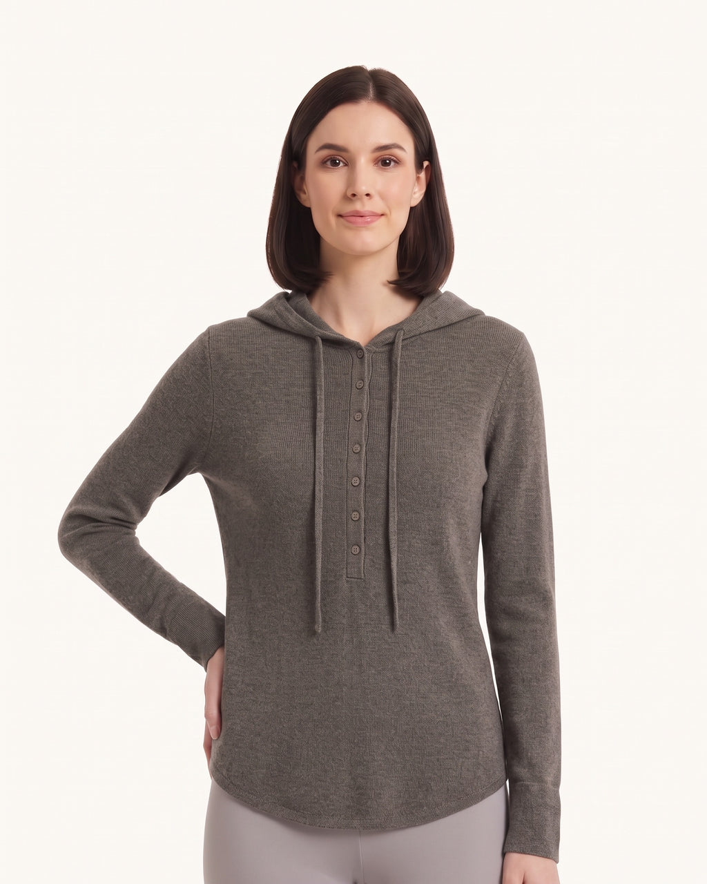 Women's dark gray hooded henley sweater with button placket and drawstring hood
