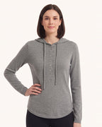 Women's gray hooded henley sweater with button placket and drawstring hood