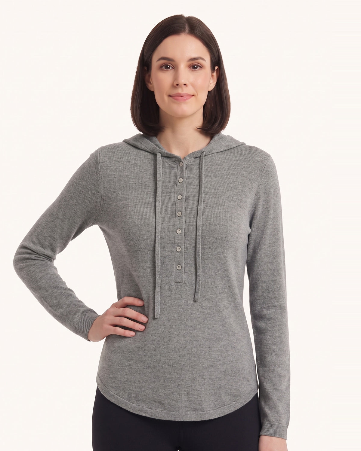 Women's gray hooded henley sweater with button placket and drawstring hood