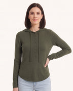 Women's olive hooded henley sweater with button placket and drawstring hood