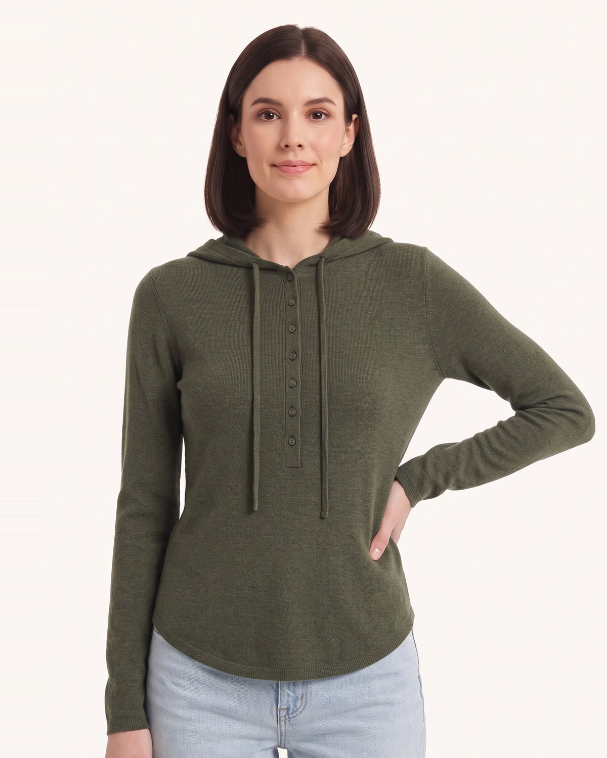 Women's olive hooded henley sweater with button placket and drawstring hood