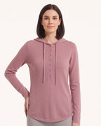 Women’s hooded henley sweater in dusty rose pink fine knit, button placket and drawstring hood