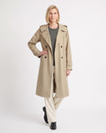 Khaki hooded trench coat with notch lapels, double-breasted buttons, long oversized fit
