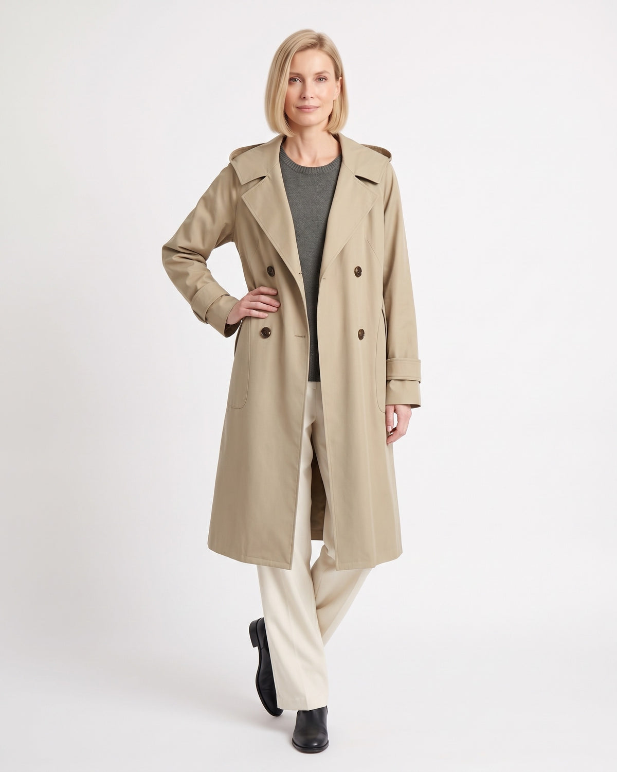 Khaki hooded trench coat with notch lapels, double-breasted buttons, long oversized fit