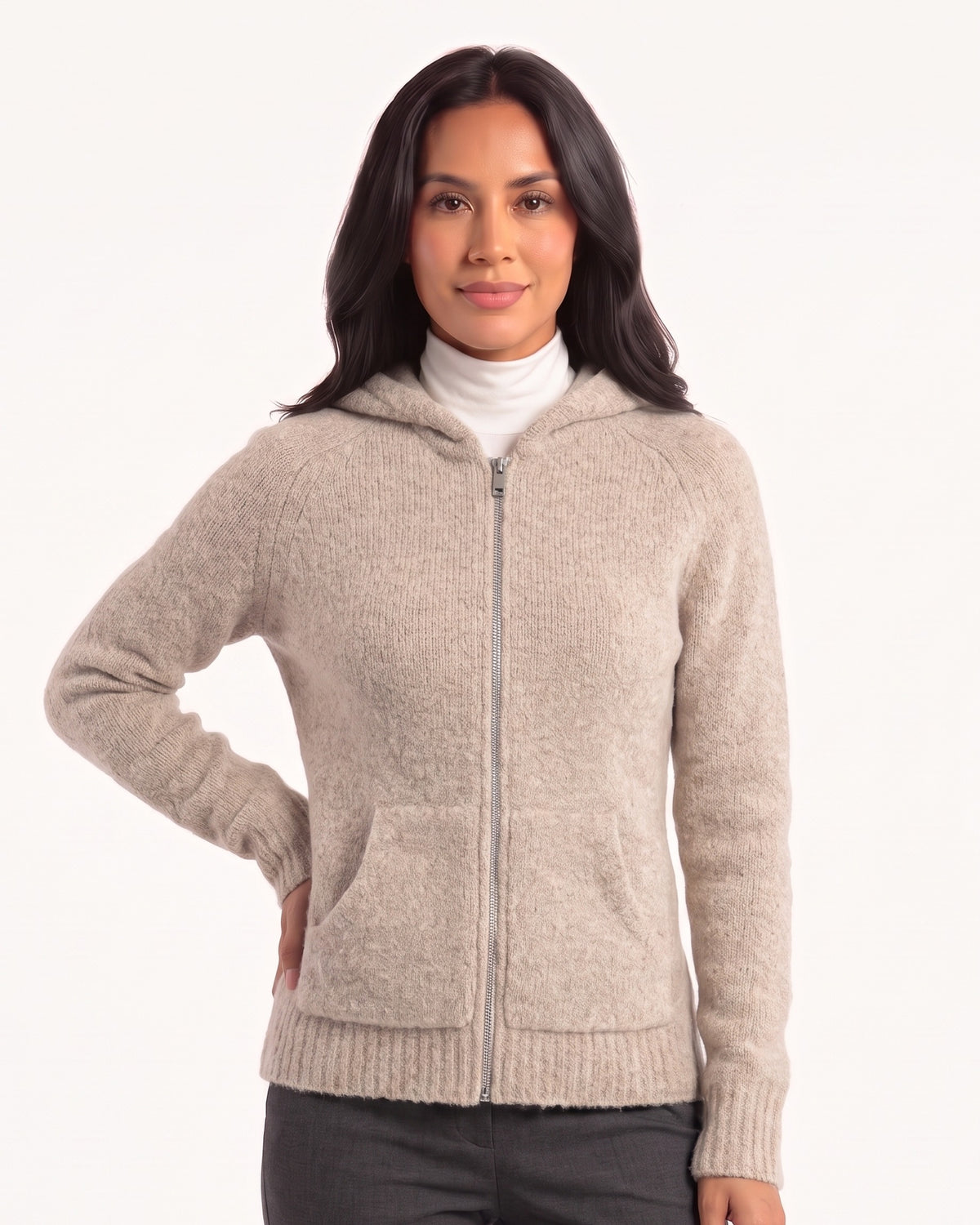 Women’s hooded zip-up cardigan in beige knit, front zip and patch pockets