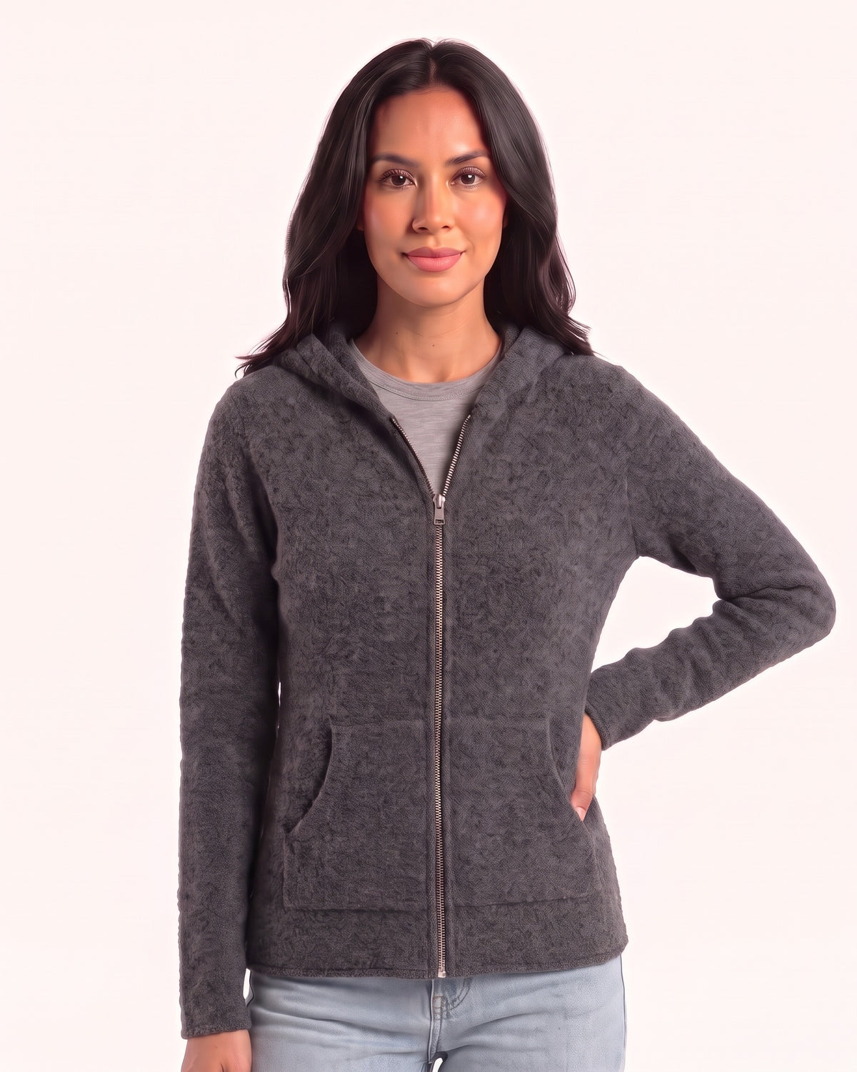 Women's dark gray hooded zip cardigan with patch pockets