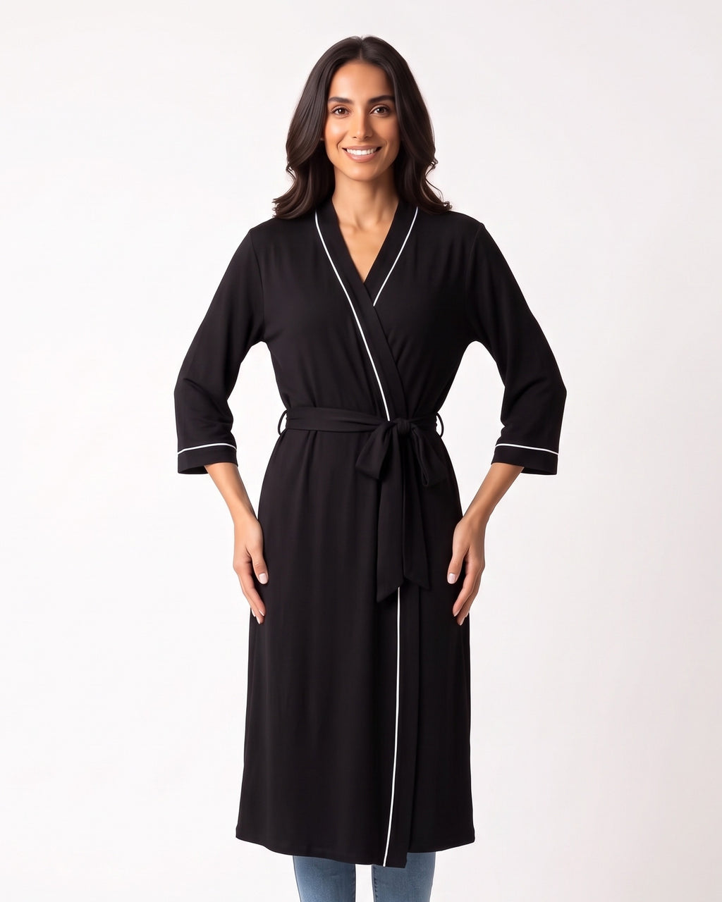 Lightweight wrap kimono robe in black with contrast trim, V-neck and tied waist belt