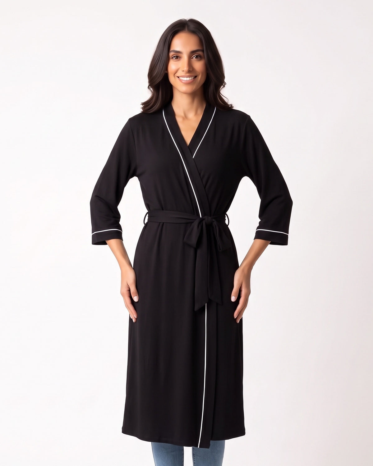 Lightweight wrap kimono robe in black with contrast trim, V-neck and tied waist belt